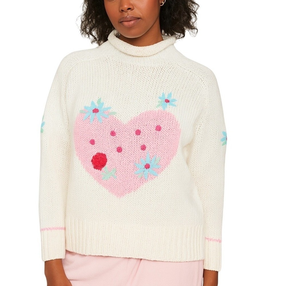 OBERMEYER Sport 90s White Knit Sweater Pink Heart Floral AppliquΓ© Pulloverβ